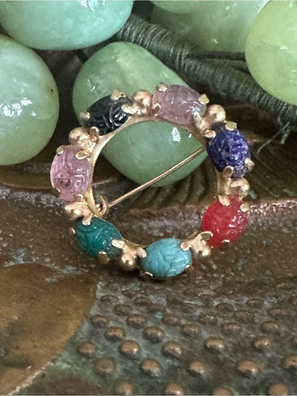 Vintage Scarab Brooch with Semi Precious Gemstones